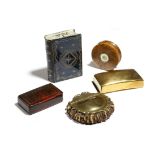 FIVE SNUFF BOXES 19TH CENTURY comprising: a brass and stag antler example, a tole example in the