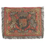 A VICTORIAN RED SILK DAMASK PENNANT OR BANNER with an embroidered border and applique central