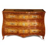 A CONTINENTAL CHERRYWOOD WALNUT AND BIRD'S EYE MAPLE BOMBE COMMODE PROBABLY NORTH EUROPEAN, 19TH