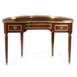 A FRENCH PLUM PUDDING MAHOGANY DEMI-LUNE WRITING TABLE IN DIRECTOIRE STYLE LATE 19TH / EARLY 20TH