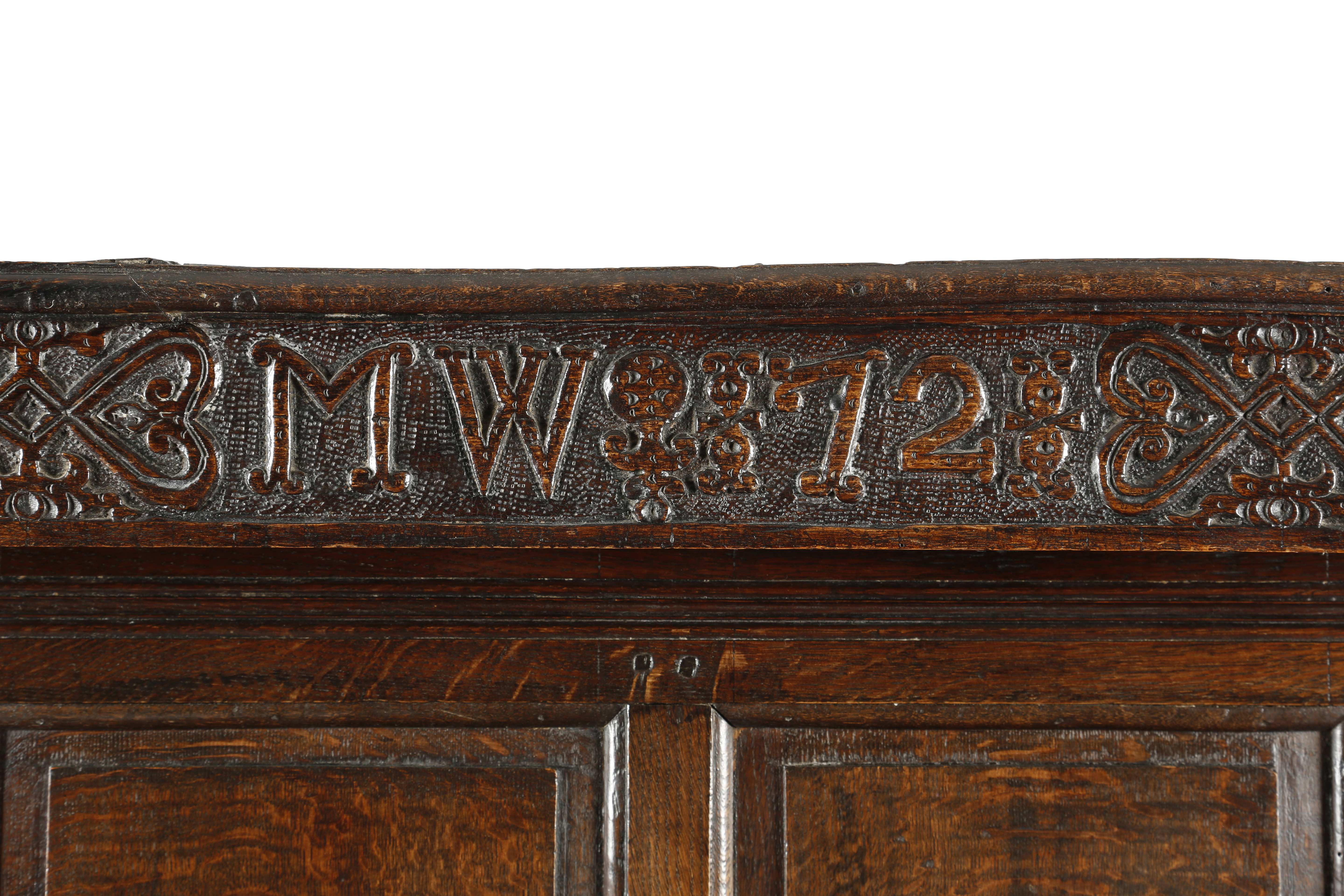 AN OAK PRESS CUPBOARD 17TH CENTURY AND LATER the frieze carved with stylised scrolls, initials ' - Image 2 of 2