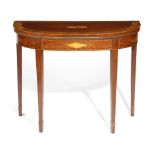 A GEORGE III MAHOGANY CARD TABLE LATE 18TH / EARLY 19TH CENTURY of 'D' shape, the satinwood and