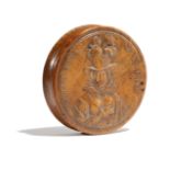 λ A FRENCH PRESSED BURR MAPLE SNUFF BOX EARLY 19TH CENTURY the lid decorated with a portrait of