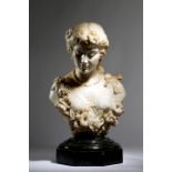 AN ITALIAN CARVED ALABASTER BUST OF A YOUNG LADY LATE 19TH / EARLY 20TH CENTURY wearing a ribbon