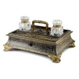 A 19TH CENTURY EBONY AND BRASS BOULLE MARQUETRY INKSTAND c.1840 all over decorated with scrolling