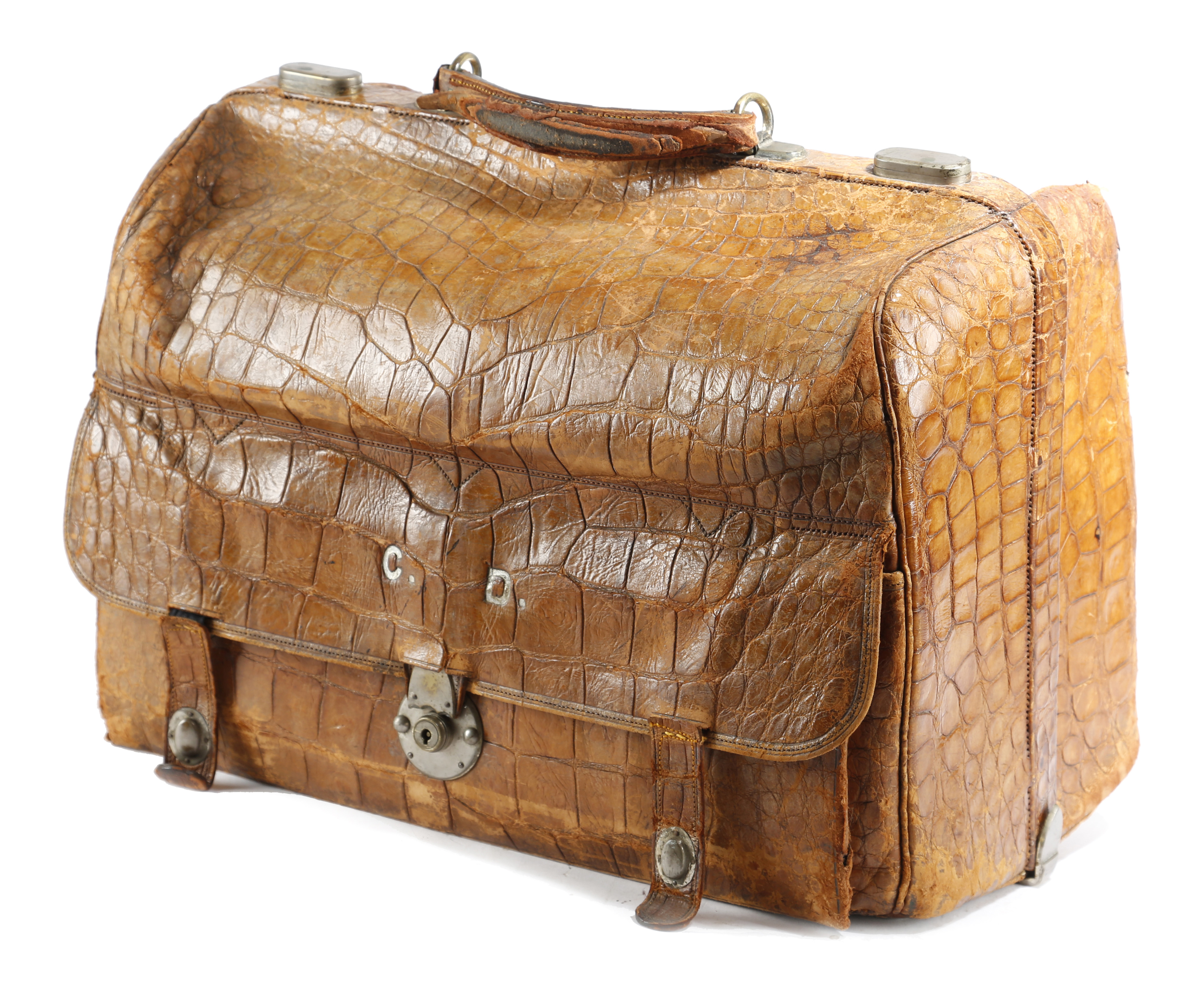 A CROCODILE LEATHER GLADSTONE BAG LATE 19TH / EARLY 20TH CENTURY with silvered tooled initials 'C