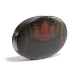 AN 18TH CENTURY WELSH PONTYPOOL TIN OVAL SNUFF BOX black japanned and decorated in gilt with a