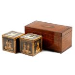 TWO LATE 19TH CENTURY ITALIAN SORRENTO WARE MACASSAR EBONY AND MARQUETRY CUBE TEA CADDIES each