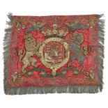 A RED SILK DAMASK PENNANT OR BANNER with an embroidered border and applique central Royal Coat of