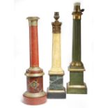 THREE COLUMN TABLE LAMPS LATE 19TH / EARLY 20TH CENTURY AND LATER comprising: a painted faux-