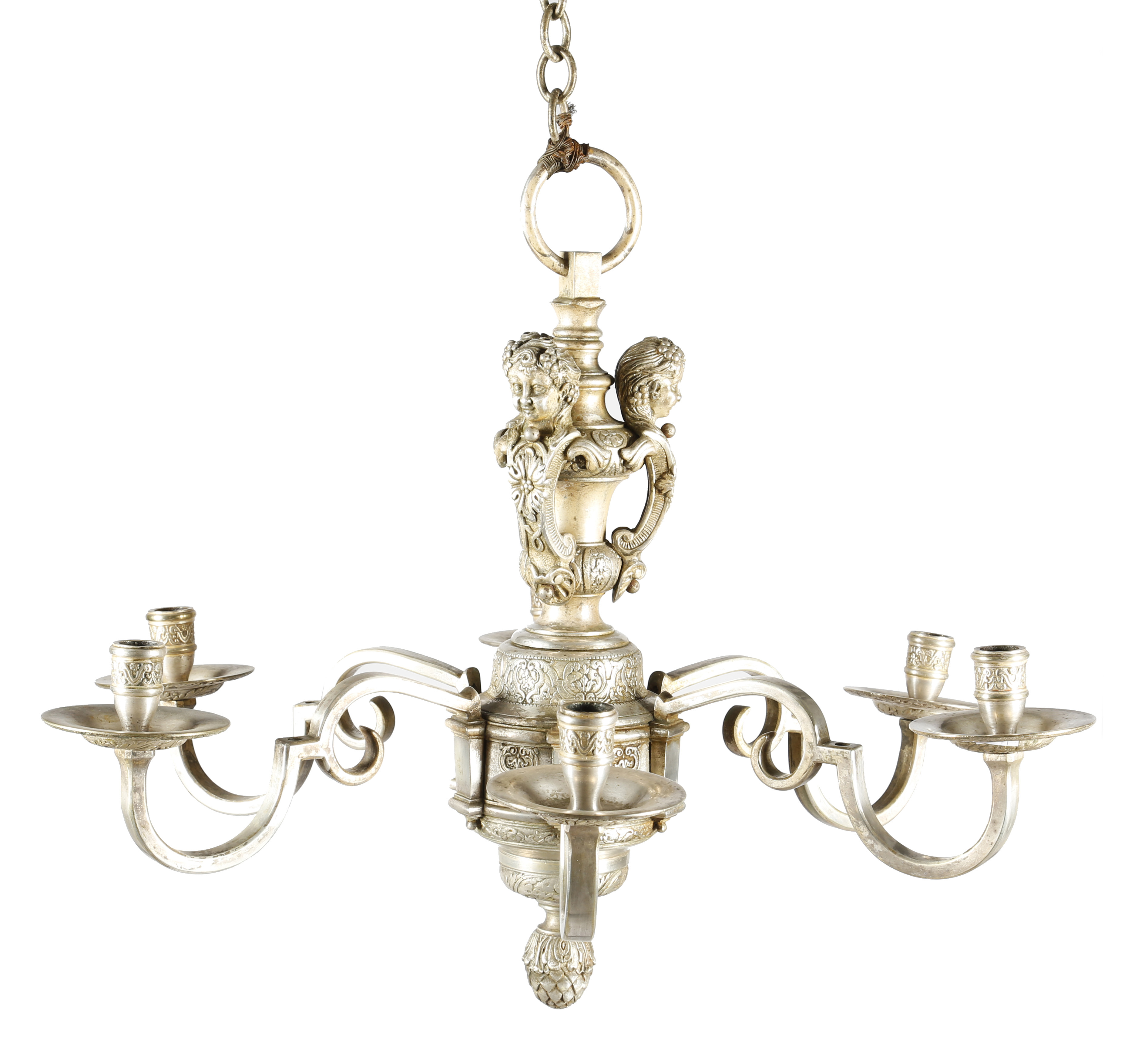 A SILVERED SIX-LIGHT 'KNOLE' CHANDELIER EARLY 20TH CENTURY the turned stem decorated with cherub