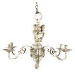 A SILVERED SIX-LIGHT 'KNOLE' CHANDELIER EARLY 20TH CENTURY the turned stem decorated with cherub