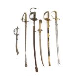 SIX MINIATURE SWORD PAPER KNIVES LATE 19TH / EARLY 20TH CENTURY made of brass and steel, four with