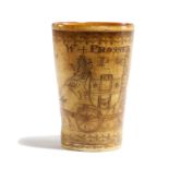 A 19TH CENTURY FOLK ART ENGRAVED HORN BEAKER OF COACHING INTEREST, c.1820-30 naively scrimshaw