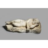 A CARVED MARBLE FIGURE OF EROS SLEEPING lying on the infant Hercules's lion's pelt spread over a