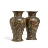 A PAIR OF CARVED AND GREEN PAINTED WOOD DECOUPAGE VASES 19TH CENTURY of baluster form, decorated