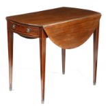 A GEORGE III MAHOGANY PEMBROKE TABLE c.1800 inlaid with stringing, the crossbanded oval drop-leaf