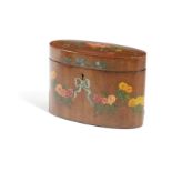 A PAINTED MAHOGANY OVAL TEA CADDY IN GEORGE III STYLE LATE 19TH CENTURY decorated with ribbon tied