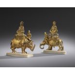TWO FINE SILVER-GILT MODELS OF AN ELEPHANT AND RHINOCEROS WITH EXOTIC RIDERS PROBABLY CONTINENTAL,