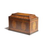 A LATE 18TH CENTURY KINGWOOD AND SYCAMORE TEA CHEST IN THE MANNER OF ABRAHAM ROENTGEN inlaid with
