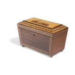 λ A VICTORIAN TUNBRIDGE WARE AND ROSEWOOD TEA CADDY MID-19TH CENTURY decorated with mosaic bands of