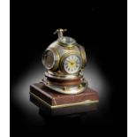 A FRENCH CHROME AND BRASS DIVER'S HELMET INDUSTRIAL TIMEPIECE LATE 19TH CENTURY the central clock