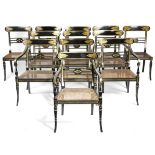A SET OF TWELVE EBONISED AND PARCEL GILT DINING CHAIRS IN REGENCY STYLE 19TH CENTURY AND LATER