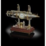 A RARE FRENCH BRASS AND SILVERED TORPEDO INDUSTRIAL TIMEPIECE WITH AUTOMATON LATE 19TH / EARLY