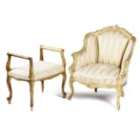 A FRENCH GILTWOOD BERGERE IN LOUIS XV STYLE LATE 19TH CENTURY the moulded frame carved with scrolls,