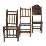 THREE COUNTRY CHAIRS LATE 17TH CENTURY AND LATER comprising: a bobbin turned chair with a solid