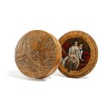 λ A FRENCH PRESSED BURR MAPLE EROTIC SNUFF BOX EARLY 19TH CENTURY the lid with a landscape scene