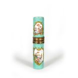 A large enamel etui, c.1770-80, of cylindrical form, painted with bucolic scenes of a shepherd