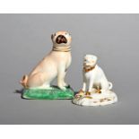 Two Derby models of pug dogs, c.1770-90, both seated on their haunches, one on a rectangular