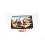 An English enamel table snuff box, c.1760-70, of rectangular form, printed and coloured to the cover