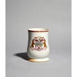 A large and rare armorial Bow mug, c.1750-55, the bell-shaped form painted with the arms of the