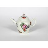 A Worcester teapot and cover, c.1756-58, the plain baluster form finely painted with butterflies,