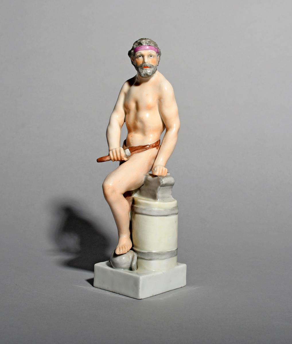 A Kloster Veilsdorf figure of Vulcan, c.1770, modelled as a blacksmith and leaning one hand on an