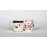 A Chelsea Derby porter mug and a Derby mug, c.1760-70, the Chelsea-Derby mug of cylindrical form and