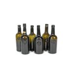 Six English sealed wine bottles, late 18th/19th century, two applied with varying seals inscribed '