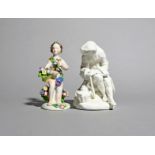 Two Bow figures, c.1756-65, one a white-glazed figure of Winter wrapped in a hooded coat and leaning