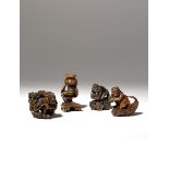 FOUR JAPANESE WOOD NETSUKE OF DEITIES MEIJI PERIOD, 19TH CENTURY Two depicting Raijin, the God of