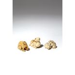 THREE JAPANESE IVORY NETSUKE OF RABBITS EDO AND MEIJI PERIOD, 19TH CENTURY One netsuke carved as a