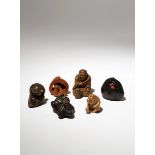 SIX JAPANESE WOOD NETSUKE OF MONKEYS EDO PERIOD AND LATER, 19TH CENTURY One a small red pottery