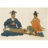 A LITHOGRAPH PRINT BY ELIZABETH KEITH (1887-1956) 20TH CENTURY Depicting two Korean court