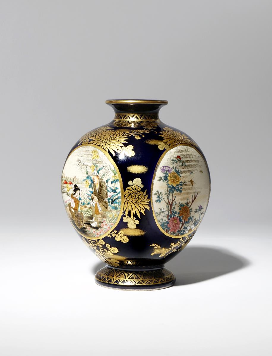 A JAPANESE SATSUMA VASE BY FUZAN MEIJI PERIOD, 19TH CENTURY The bulbous faceted body painted with