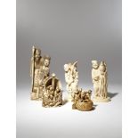 FIVE JAPANESE IVORY CARVINGS, OKIMONO MEIJI PERIOD, 19TH CENTURY One depicting the Seven Gods of