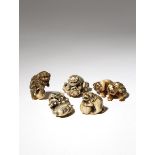 FIVE JAPANESE IVORY NETSUKE OF SHISHI EDO AND MEIJI PERIOD, 18TH AND 19TH CENTURY The lion dogs