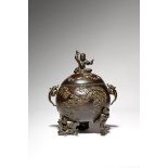 A JAPANESE BRONZE INCENSE BURNER AND COVER, KORO MEIJI PERIOD, 19TH CENTURY The bulbous body