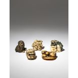 FIVE JAPANESE IVORY NETSUKE OF SHISHI EDO AND MEIJI PERIOD, 18TH AND 19TH CENTURY The lion dogs with