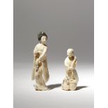 TWO JAPANESE IVORY CARVINGS, OKIMONO MEIJI PERIOD, 19TH CENTURY One depicting a beauty wearing